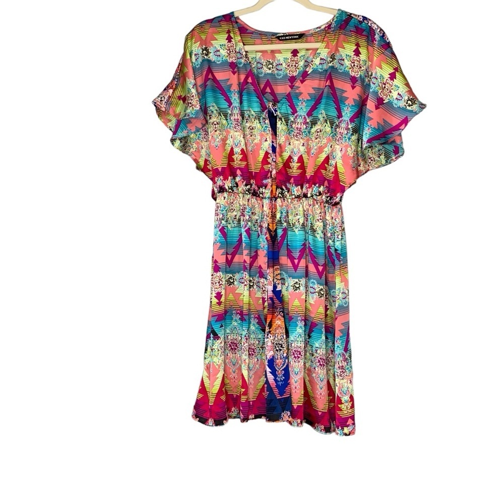Kas‎ New York kimono style vneck Aztec Indian print tunic blouse dress. Size S